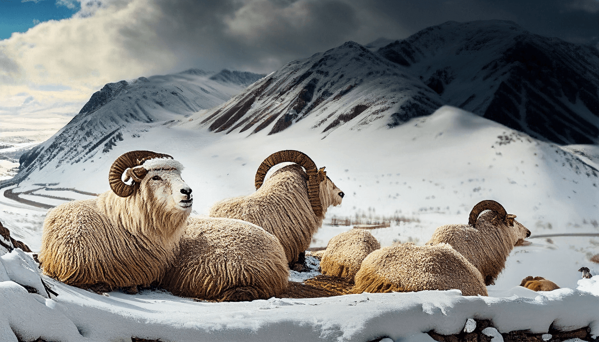 Beautiful landscape of very cold climate with Merino sheep in the foreground